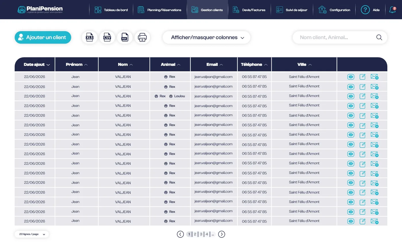 Liste des clients et de leurs animaux dans PlaniPension